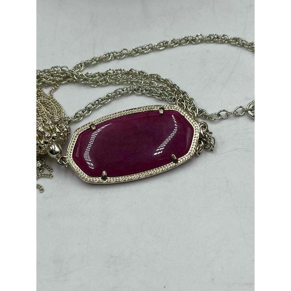 Kendra Scott Rayne Magenta Maroon Jade Tassel‎ Gold Plated Long Necklace